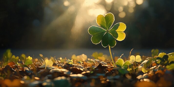 Solitary clover plant with heart-shaped leaflets on a forest floor, bathed in warm golden sunlight and soft bokeh, peaceful hopeful morning close-up - Powered by Adobe