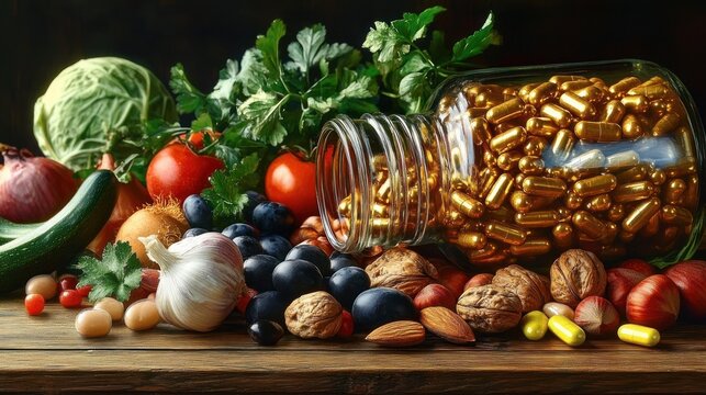 glass jar of golden supplement capsules spilled among fresh vegetables, fruits, nuts on a rustic wooden table, evoking wholesome, nourishing and abundant healthy living