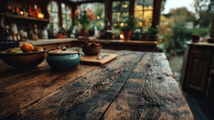 A cozy wooden table scene with diffused kitchen objects and warm morning brightness, offering a soft, natural, and inviting backdrop.
