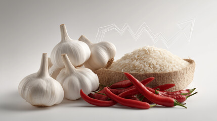 Garlic chili grains rice white background upward pointing arrow  food trend spice market agricultural growth.