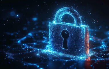 glowing holographic padlock formed from blue particles with a keyhole above a shimmering network grid conveying futuristic protection and secure atmosphere