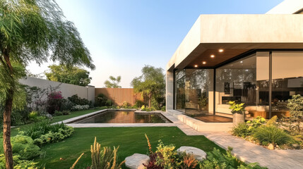 modern house with garden, windows, sky