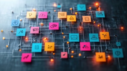 colorful paper squares with simple icons linked by metallic circuit-like lines and glowing orange nodes on a dark textured surface, evoking energetic collaborative innovation