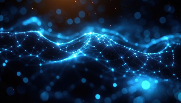 Glowing blue digital mesh forming undulating data waves with interconnected nodes and soft bokeh lights, evoking a futuristic and serene mood