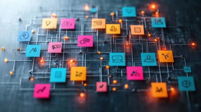 colorful paper squares with simple icons linked by metallic circuit-like lines and glowing orange nodes on a dark textured surface, evoking energetic collaborative innovation