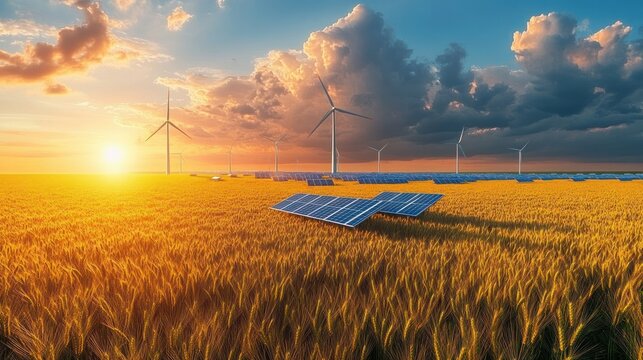 Golden wheat field dotted with solar panels and distant wind turbines under a dramatic sunset sky, conveying serenity and hope for sustainable energy