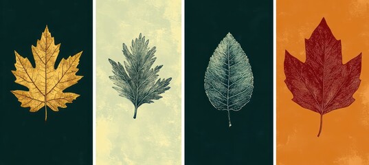 Four vertical panels with detailed stylized leaves on textured cream, teal and orange backgrounds in gold, green and red tones, evoking a calm nostalgic autumnal mood