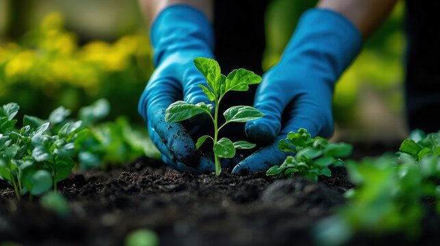 Blue-gloved hands gently planting a young green seedling in dark soil among other sprouts, expressing care, nurturing and hopeful renewal - Powered by Adobe