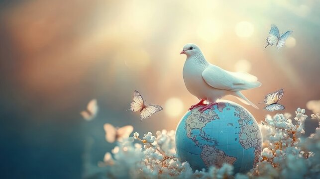 white dove perched on a small globe surrounded by delicate flowers and butterflies in soft golden light, evoking peace and gentle hope