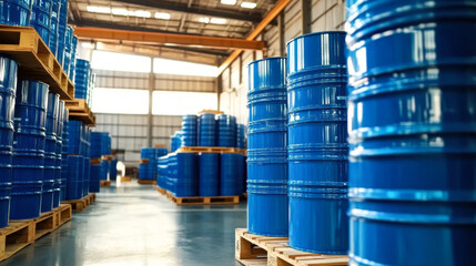 Blue barrel drum on the pallets contain liquid chemical in warehouse prepare for delivery to customer by made to order.