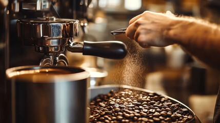Barista making espresso using professional coffee machine, closeup