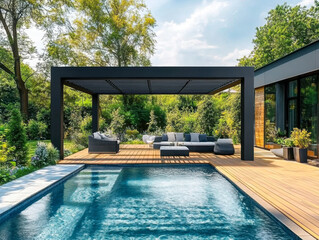 Stylish Swimming Pool in Modern Villa with Palm Trees and Lounge Chairs