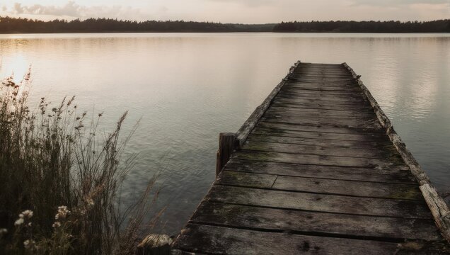 Old wooden pier extending into a calm lake at dusk.