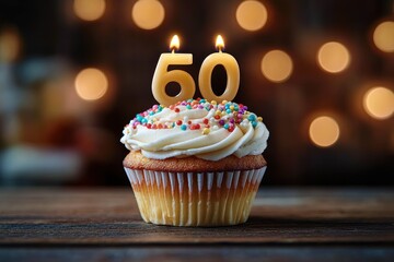 single cupcake with swirled vanilla frosting, colorful sprinkles and lit number 60 candles on a wooden table with warm bokeh lights, festive and cozy celebration mood
