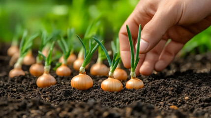 Man hands planting seeds of shallots into the ground