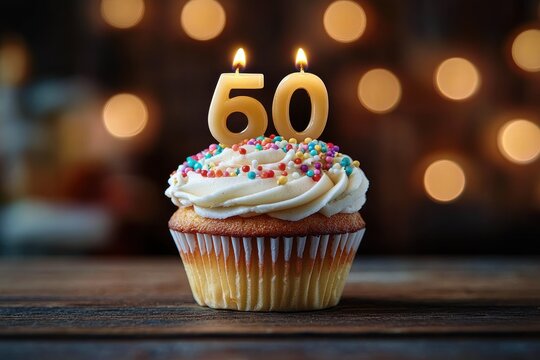 single cupcake with swirled vanilla frosting, colorful sprinkles and lit number 60 candles on a wooden table with warm bokeh lights, festive and cozy celebration mood