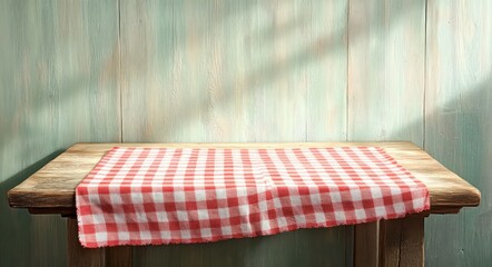 sunlit rustic wooden table with red and white checkered tablecloth against painted plank wall, cozy inviting farmhouse mood