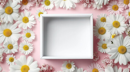 Wooden Frame with White Background and Surrounding Blooms for Creative Projects