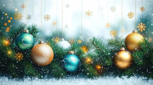 teal and gold baubles and glittering ornaments hanging among snowy pine branches with warm glowing lights and falling snow, evoking cozy festive holiday joy - Powered by Adobe