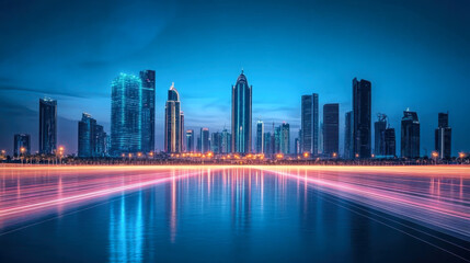 Abstract speed light flow through the city with gradient and aesthetic Intricate lighting design