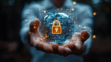 Hands cupping a glowing digital globe with circuit patterns and a bright padlock icon, evoking protection, trust and secure technology
