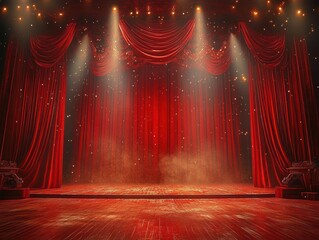 empty theater stage with red velvet curtains, draped swags, dramatic spotlights and golden dust creating a grand anticipatory atmosphere