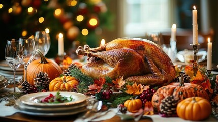 Roasted turkey centerpiece on a candlelit autumn harvest table with pumpkins, pinecones, cranberries, wine glasses and warm festive lights, cozy celebratory mood