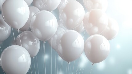 cluster of glossy white balloons with strings floating against a soft blue background, serene and elegant celebratory mood