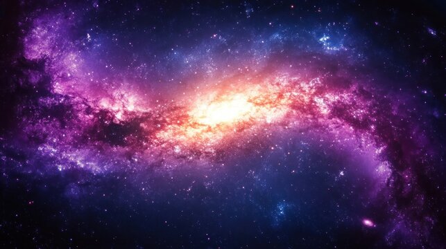 Vast luminous spiral galaxy with a glowing orange core and sweeping purple-blue nebula clouds, sparkling stars conveying awe and cosmic wonder