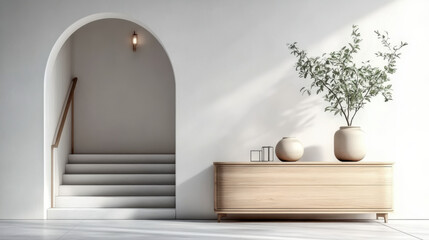 Wooden cabinet near venetian stucco wall with arched doorway Mediterranean interior design