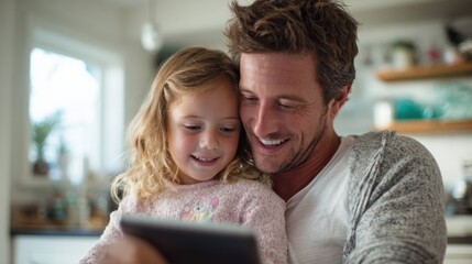 A father and his young daughter share a joyful moment as they explore a tablet together in their warm, inviting kitchen. Laughter and smiles fill the room.