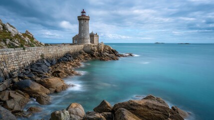 A lighthouse stands tall on a rocky shore, surrounded by calm turquoise waters. Soft clouds float in the sky as the sun sets, creating a serene coastal scene in Brittany.