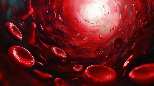 Close-up of red blood cells flowing through a blood vessel toward a bright light, swirling motion and intense red tones conveying a dramatic and urgent biological scene