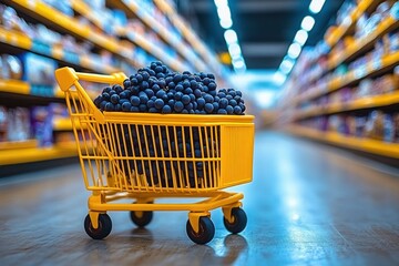 small yellow shopping cart overflowing with dark blueberries in a bright supermarket aisle with blurred shelves and gleaming floor, playful and whimsical mood