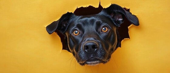 Curious black dog poking head through torn yellow paper with wide amber eyes and alert, inquisitive expression