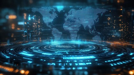 Futuristic holographic world map projected above a glowing circular data interface with blue and orange lights, immersive high-tech digital network atmosphere