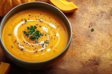 Warm creamy pumpkin soup in a bowl with a swirl of cream, parsley and cracked pepper, pumpkin wedge and pumpkin in the background on a rustic golden tabletop, cozy and inviting