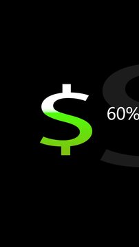 Green Dollar Sign and 60 Percent Text on vertical mobile video Black Background gradient percentage.Digital green dollar sign with 60 percent text dynamic motion glowing modern finance design.