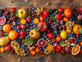 A vibrant array of fresh fruits arranged beautifully, showcasing colors and textures, ideal for health and food themes.