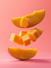 levitating mango cutted pieces, separated, white color background