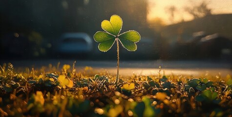 Single four-leaf clover standing in dewy grass, bathed in warm golden sunrise light with bokeh foreground and a blurred car and road behind, peaceful hopeful mood
