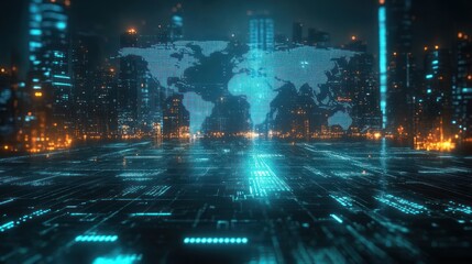 futuristic city skyline with holographic world map over a glowing digital grid and neon blue and orange lights conveying high-tech awe