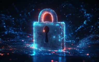 Glowing digital padlock of tiny particles with keyhole, bathed in neon blue and red on a dark particle field, evoking futuristic security and vigilant protection