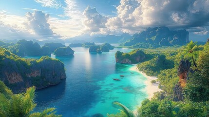 Tranquil tropical bay with turquoise water, limestone islands and cliffs, white sandy beach, small wooden boats, lush jungle and palm trees under a dramatic cloud-filled sunlit sky