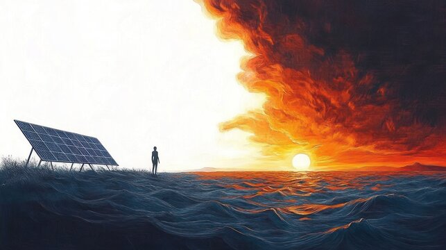 solitary figure beside solar panels on a windswept shore watching a fiery sunset over a turbulent ocean, dramatic clouds and waves evoking awe and contemplative hope - Powered by Adobe