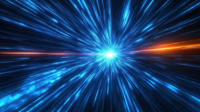 explosive blue light burst with radial streaks and two orange flares, bright center radiating motion and futuristic energy conveying speed and exhilaration