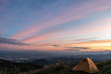 Beautiful Landscape of mountain layer in morning sun ray and winter fog at Doi Laem, Mea Ai in Chiangmai, Thailand