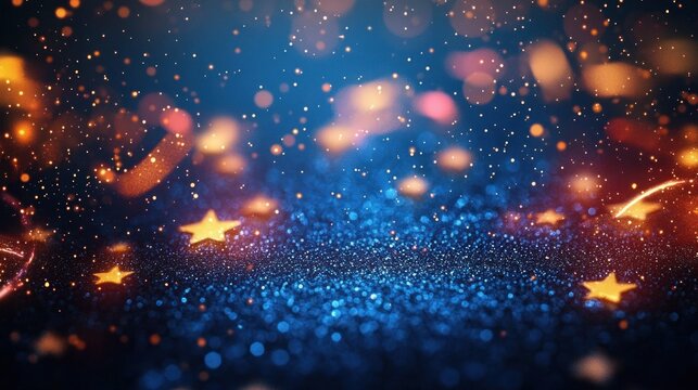 blue glitter surface with glowing golden star shapes and warm bokeh lights, magical celebratory sparkle and dreamy festive atmosphere - Powered by Adobe