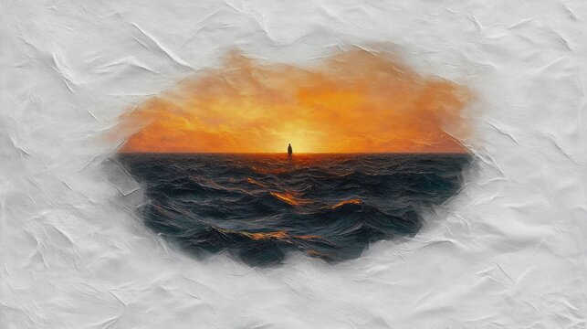 solitary silhouette on the horizon at a fiery orange sunset over dark choppy ocean seen through a torn crumpled paper frame, evoking calm solitude and contemplation