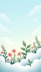 Obraz premium Clip-art of tiny plants, flowers, and leaves sprouting from soft fluffy clouds, creating a floating garden in the sky. Gentle pastel blues, greens, and pinks with minimal outlines and whimsical shapes